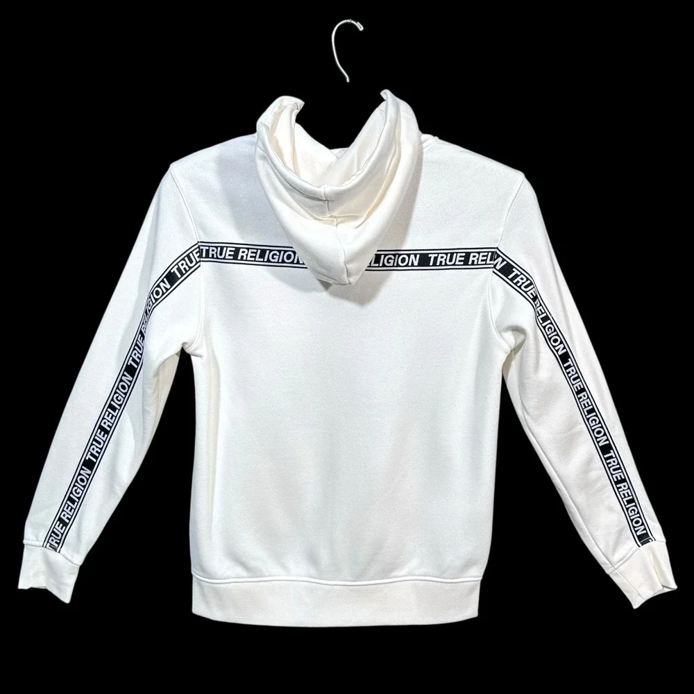 True Religion Mens Full Zip Hoodie Size XL Winter White Branded Tape Across Back